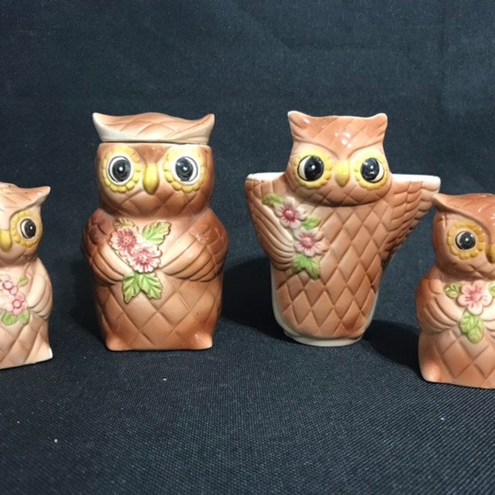 Vintage owl salt pepper, sugar and jam jar